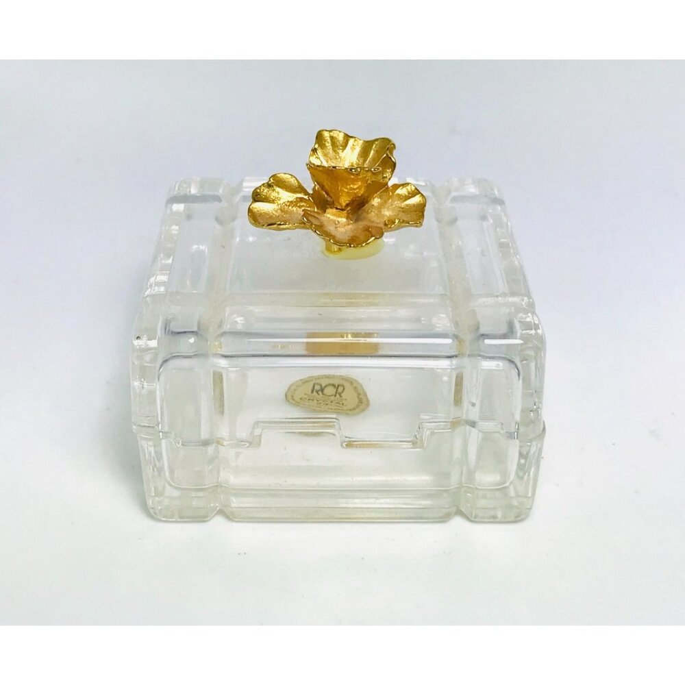 RCR Lead Crystal Trinket Box Gold Tone Flower Lid Italy Royal Crystal Rock Glass